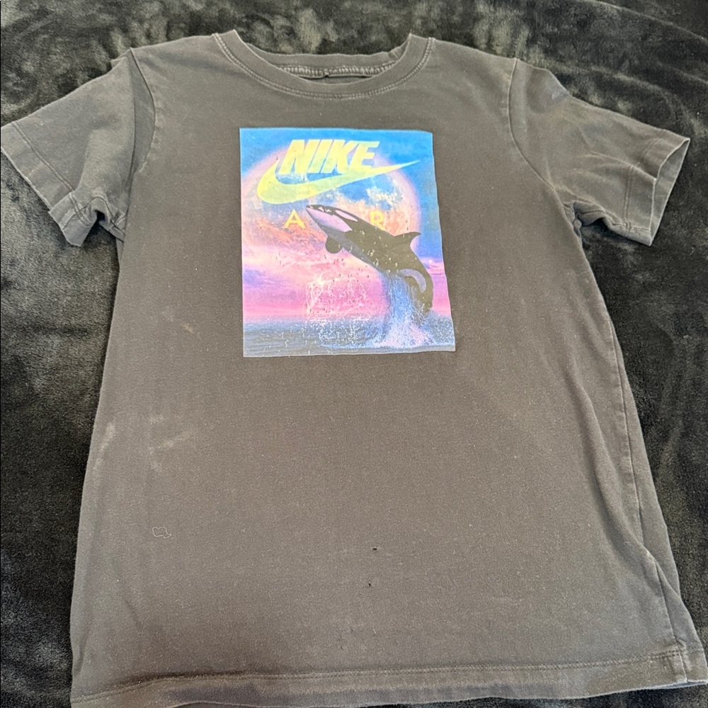 Nike Kids Black Tee with Colorful Whale Graphic